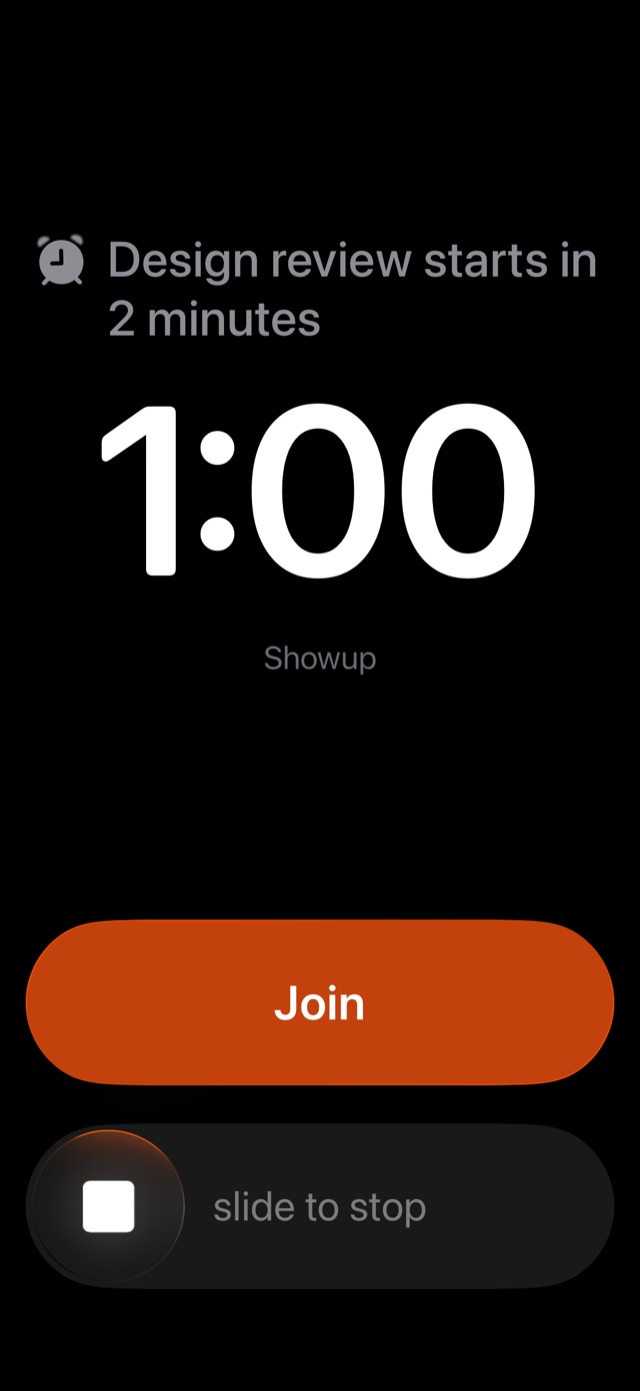 Full-screen alarm: Design review starts in 2 minutes, with a Join button.
